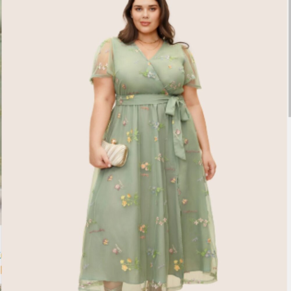 BloomChic Plus Size Overlap Collar Mesh Floral Embroidered Party Dress 2XL